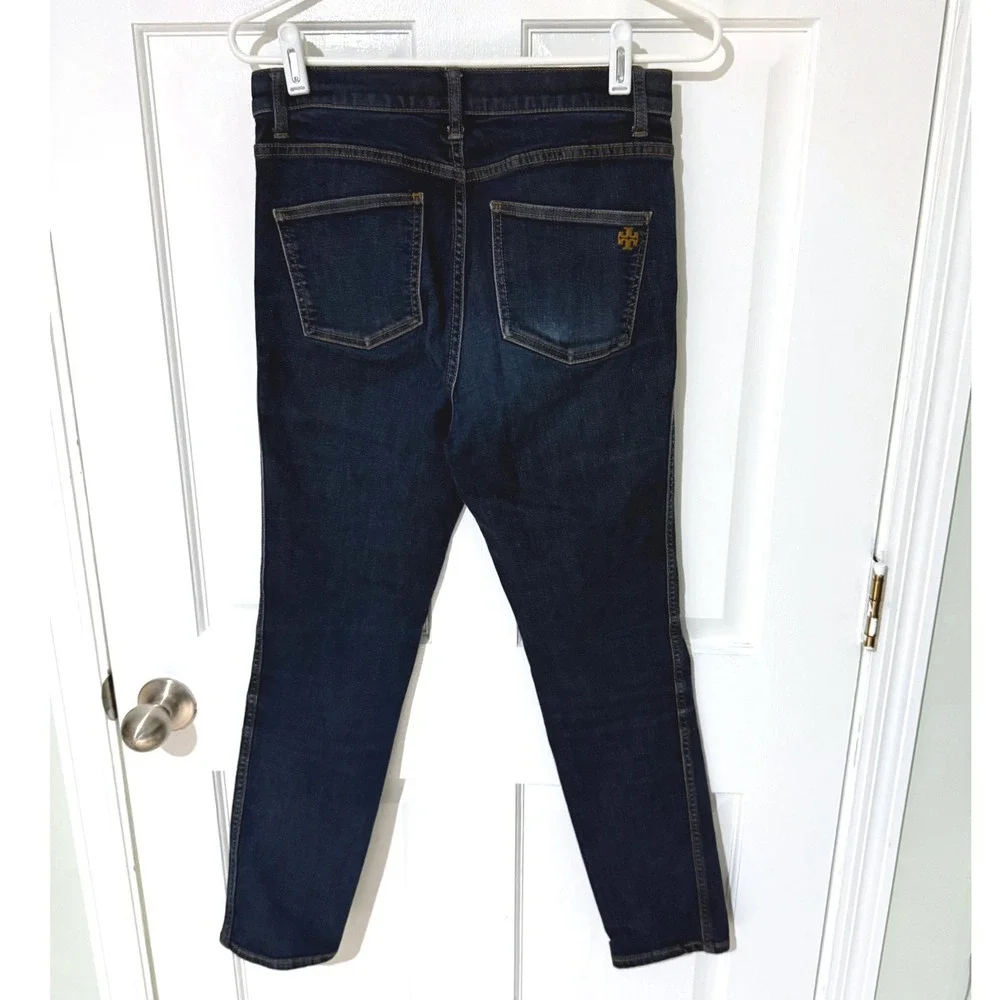Tory Burch Dark Wash High Rise Skinny Jeans Indigo Gold Logo Button Size 28